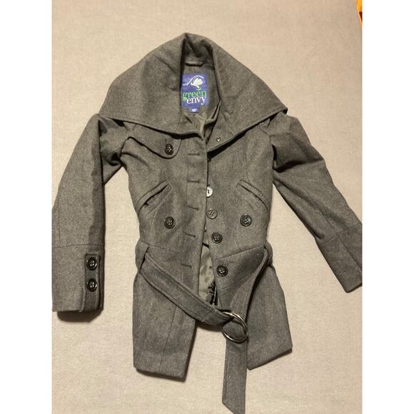 Green with Envy Wool Pea Coat Size S Double Breasted Charcoal Gray Business - Picture 2 of 8